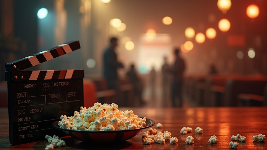 Popcorn and a movie clapperboard at a cinema setting