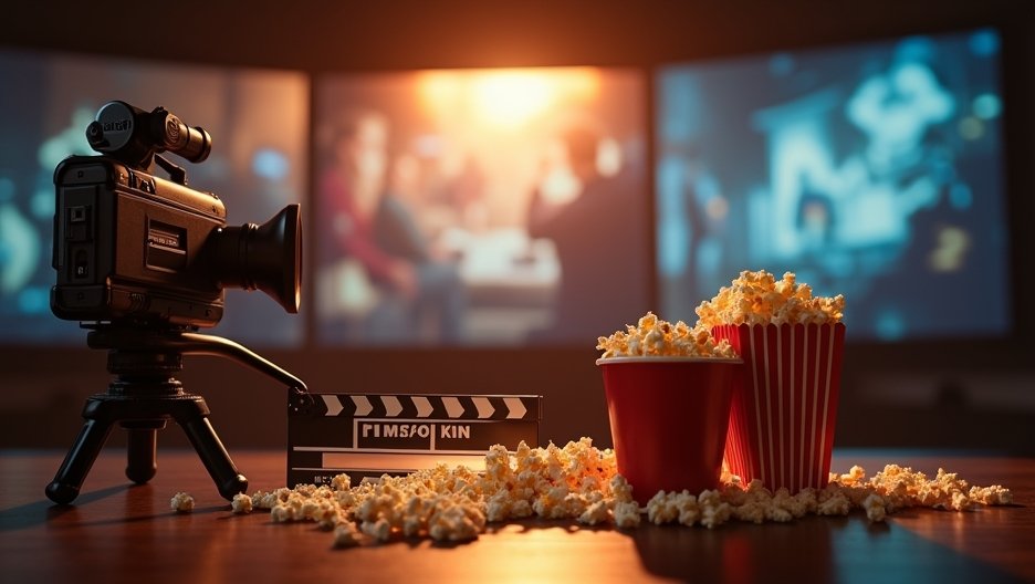 Filmeszközök és popcorn egy filmes estére