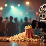 Retró filmes kamera és popcorntartó egy filmes eseményen