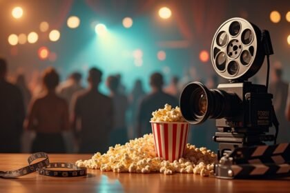 Retró filmes kamera és popcorntartó egy filmes eseményen