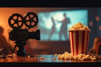 Retro fényképezőgép és popcorn az filmes élményhez