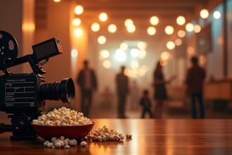 Régi filmes kamera és popcorn egy moziban, háttérben emberek.