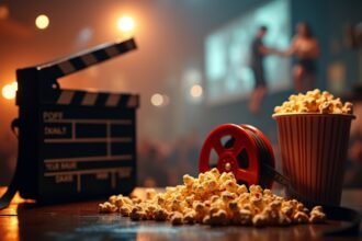 Filmeszközök és popcorn egy mozi környezetben