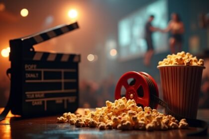 Filmeszközök és popcorn egy mozi környezetben