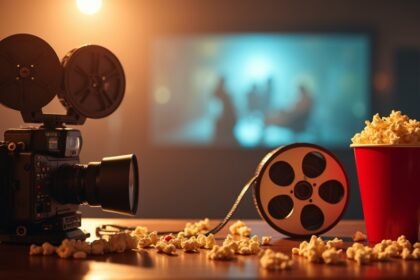 Film kamera, filmtekercs és popcorn egy mozi környezetben