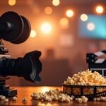 Film kamera popcornnal és filmes kellékekkel