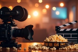 Film kamera popcornnal és filmes kellékekkel