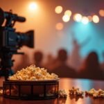 Popcorn and film camera ready for a cinematic experience.
