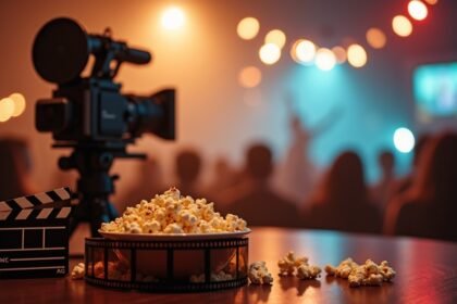 Popcorn and film camera ready for a cinematic experience.