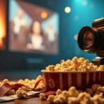 Popcorn and a camera on a table in a cinema setting