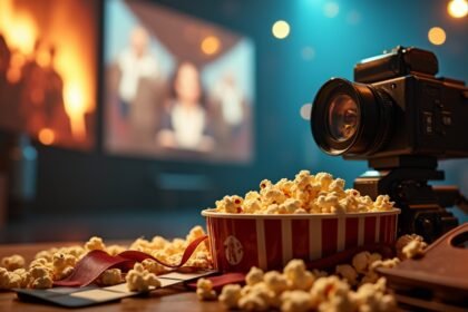 Popcorn and a camera on a table in a cinema setting