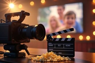 Filmkészítési eszközök: kamera, filmes clapper, és popcorn