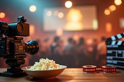 Film kamera és popcorntál egy mozi környezetben
