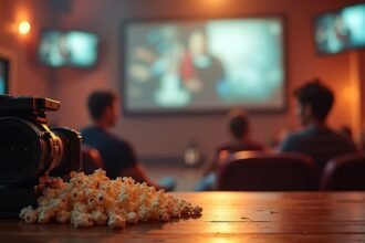 Film vetítés közben: kamera és popcorn egy sötét teremben.