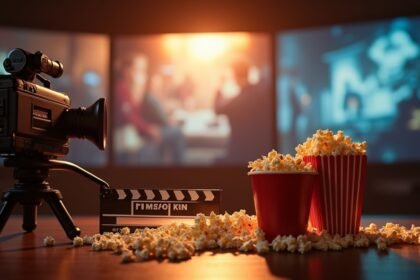 Filmeszközök és popcorn egy filmes estére