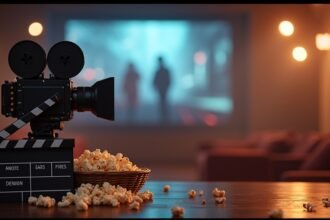 Filmező kamera, pattogatott kukorica és háttérben vetítés