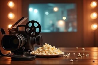 Vintage kamera és popcorn a filmes élményhez