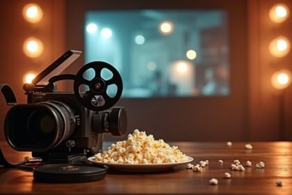 Vintage kamera és popcorn a filmes élményhez