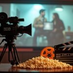 Filmeszközök és popcorn egy otthoni moziban, háttérben film jelenet