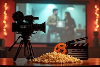 Filmeszközök és popcorn egy otthoni moziban, háttérben film jelenet