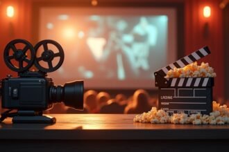 Filmeszközök, kamera és popcorntartó egy mozitermében