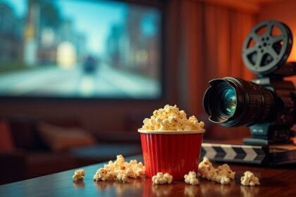 Pops corn and film camera on a table in a home cinema setting