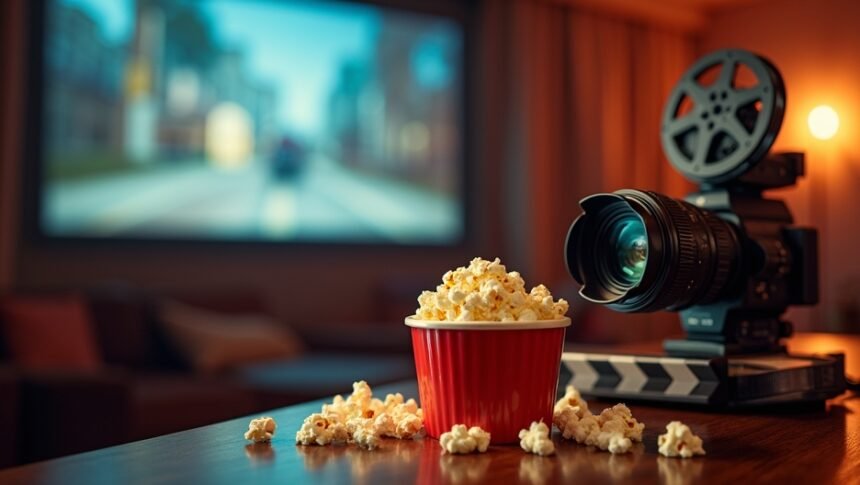 Pops corn and film camera on a table in a home cinema setting