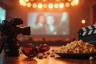 Kamera, popcorn és filmes kellékek egy filmes estéhez