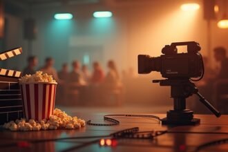 Filmkészítő eszközök, például kamera és filmes klapecse popcornnal