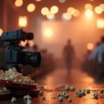 Popcorn and camera in a cinema setting, capturing a film experience
