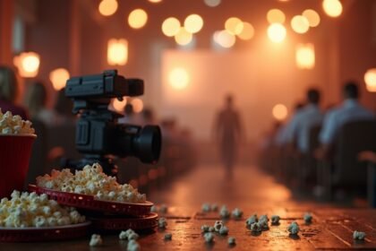 Popcorn and camera in a cinema setting, capturing a film experience