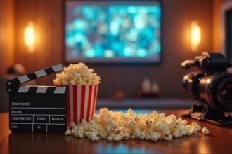 Filmklippe és popcorn egy otthoni moziban