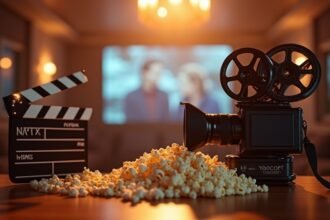 Filmes kellékek, popcorn és egy régi filmes kamera