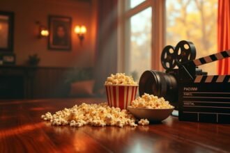 Filmhez készült popcorn és filmes klapper, otthoni mozi hangulatban.