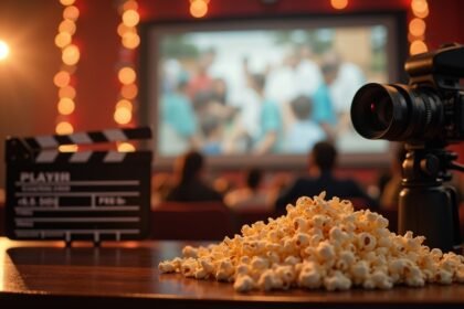 Filmklippel és popcornnal teli asztal a moziban