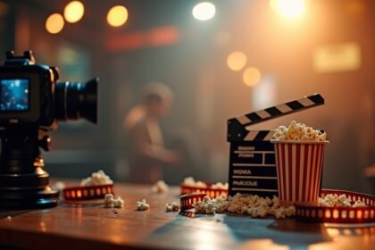 Fényképezőgép, popcorn és filmes klapp a filmes környezetben