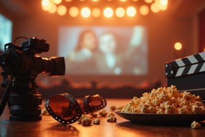 Kamera, popcorn és filmes kellékek egy filmes estéhez