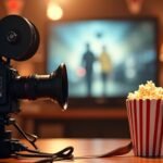Filmes kellékek: kamera, popcorntartó, és filmes klapka a háttérben