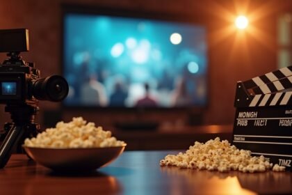 Kamera és filmes kellékek, popcornnal egy filmes estére.