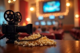 Filmkészítéshez használt kamera és popcorn egy vetítés során