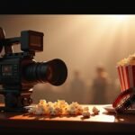 Film kamera és popcorn a filmes piknik atmoszférájában.