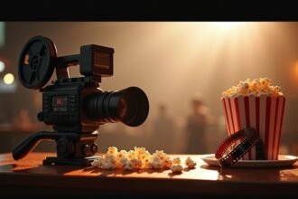 Film kamera és popcorn a filmes piknik atmoszférájában.