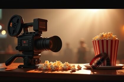 Film kamera és popcorn a filmes piknik atmoszférájában.