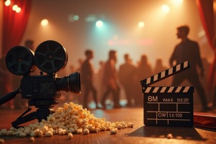 Fényképezőgép és filmes klapka popcorntálcával filmkészítéshez.