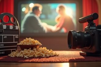 Kamera, popcorn és filmes clapperboard egy filmes estéhez