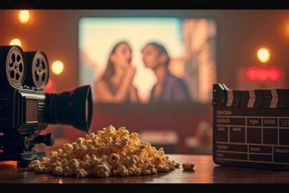 Fekete filmkamera, pattogatott kukoricával és klapka a vászon előtt