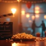Filmkészítéshez kapcsolódó díszlet, pattogatott kukoricával és filmes klappal.