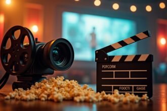 Filmkamera popcornnal és filmes klappal