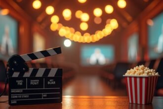 Filmeszközök és popcorn a mozi teremben, hangulatos világítással.