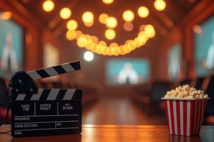 Filmeszközök és popcorn a mozi teremben, hangulatos világítással.